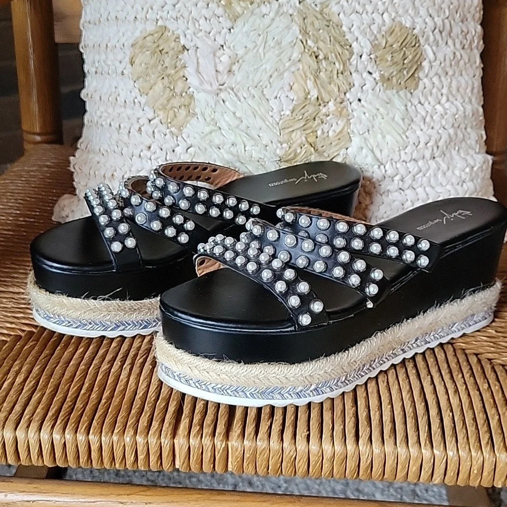 Sergio Todzi, jeweled pearl, espadrille, platform, wedge, size 40EU 9.5 US